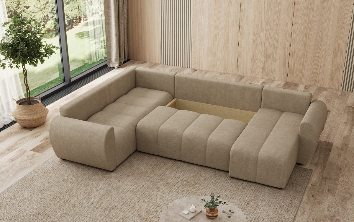 Designer Sofa Sorella U mit Schlaf- und Klappfunktion in Stoff
