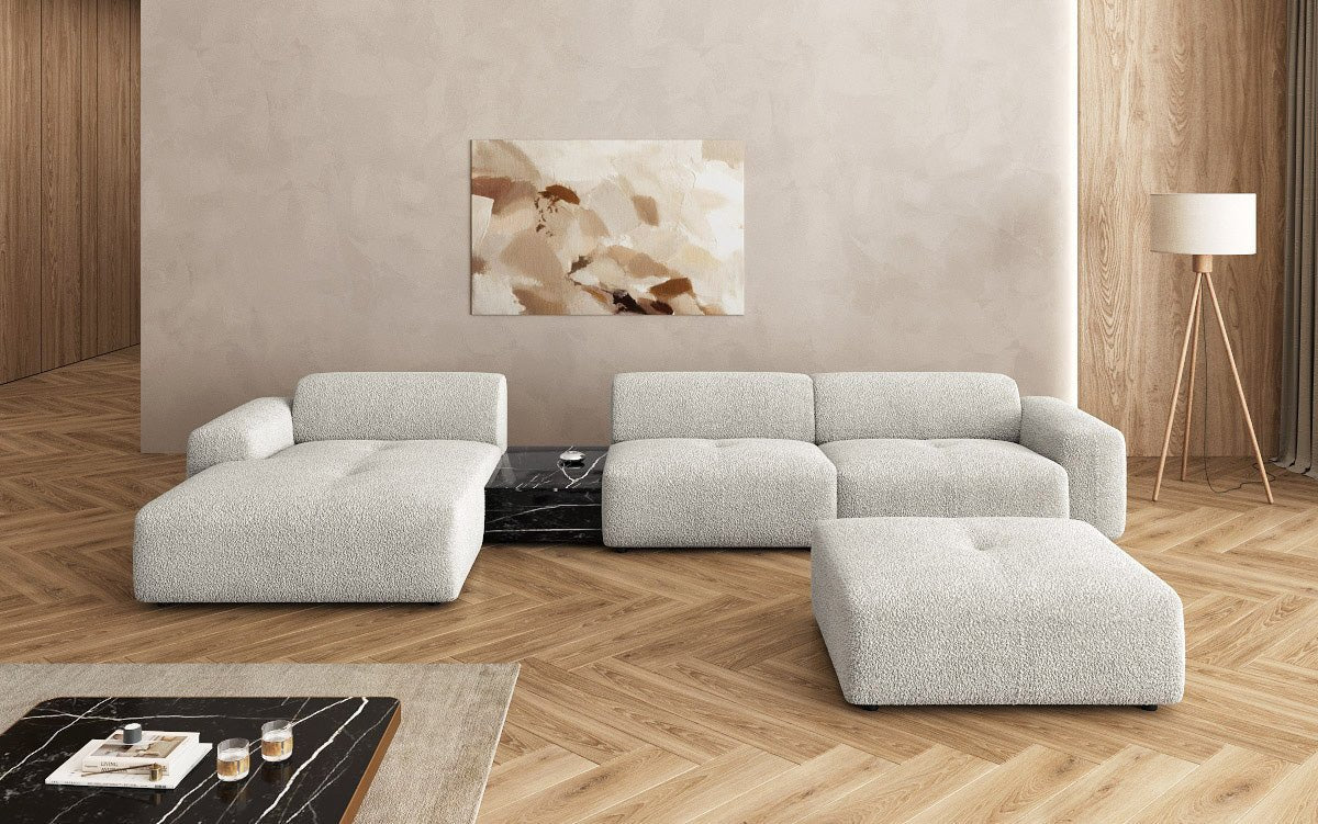 Designer Sofa Calm L mit Beistellhocker und Beistelltisch in Bouclé