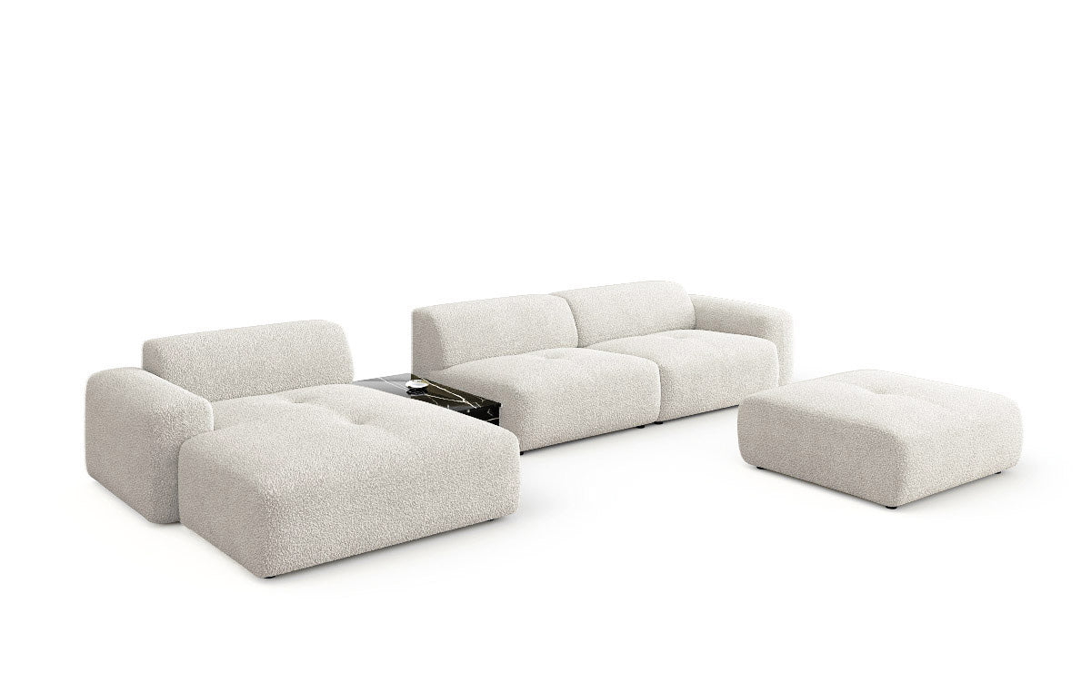 Designer Sofa Calm L mit Beistellhocker und Beistelltisch in Bouclé