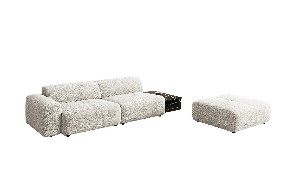 Designer Sofa Calm 3 Sitzer mit Beistellhocker und Beistelltisch in Bouclé