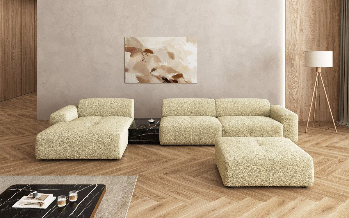 Designer Sofa Calm L mit Beistellhocker und Beistelltisch in Bouclé
