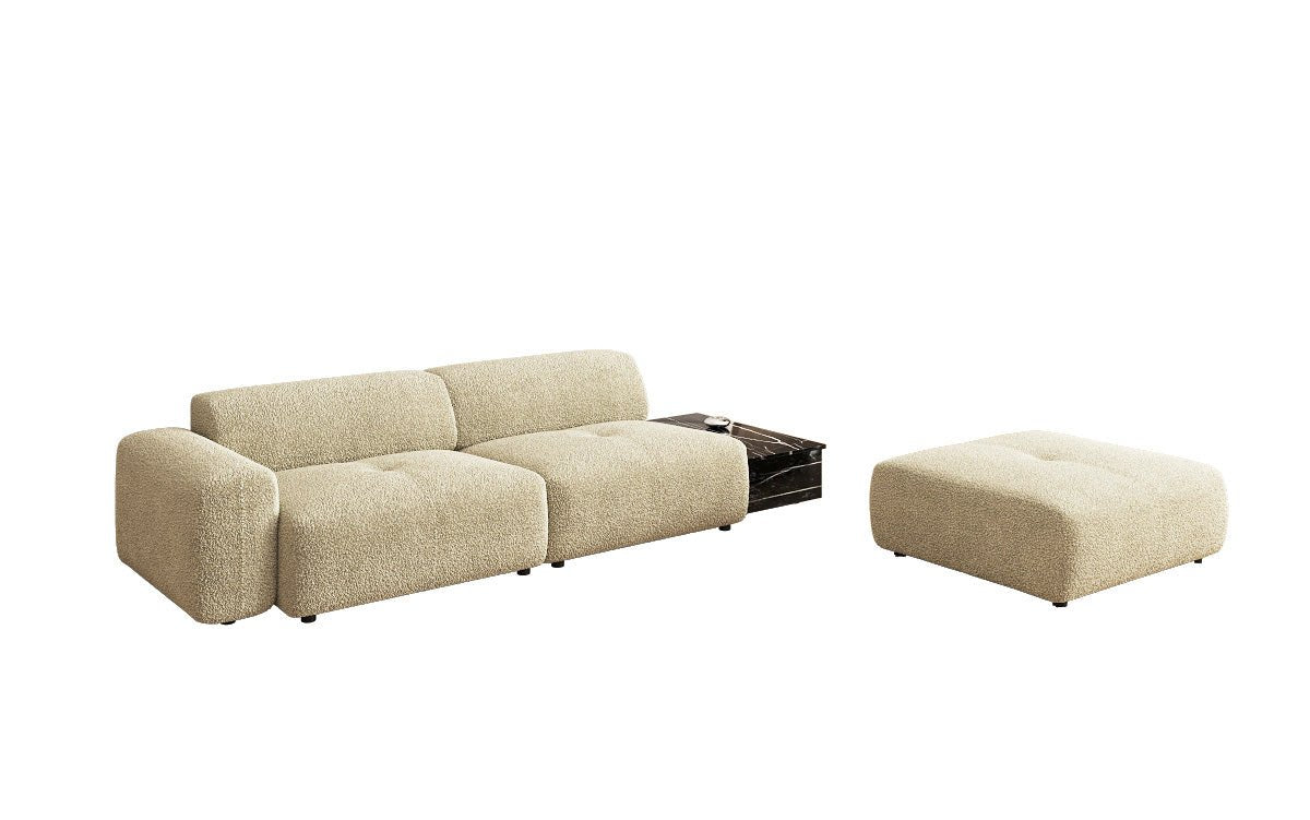Designer Sofa Calm 3 Sitzer mit Beistellhocker und Beistelltisch in Bouclé