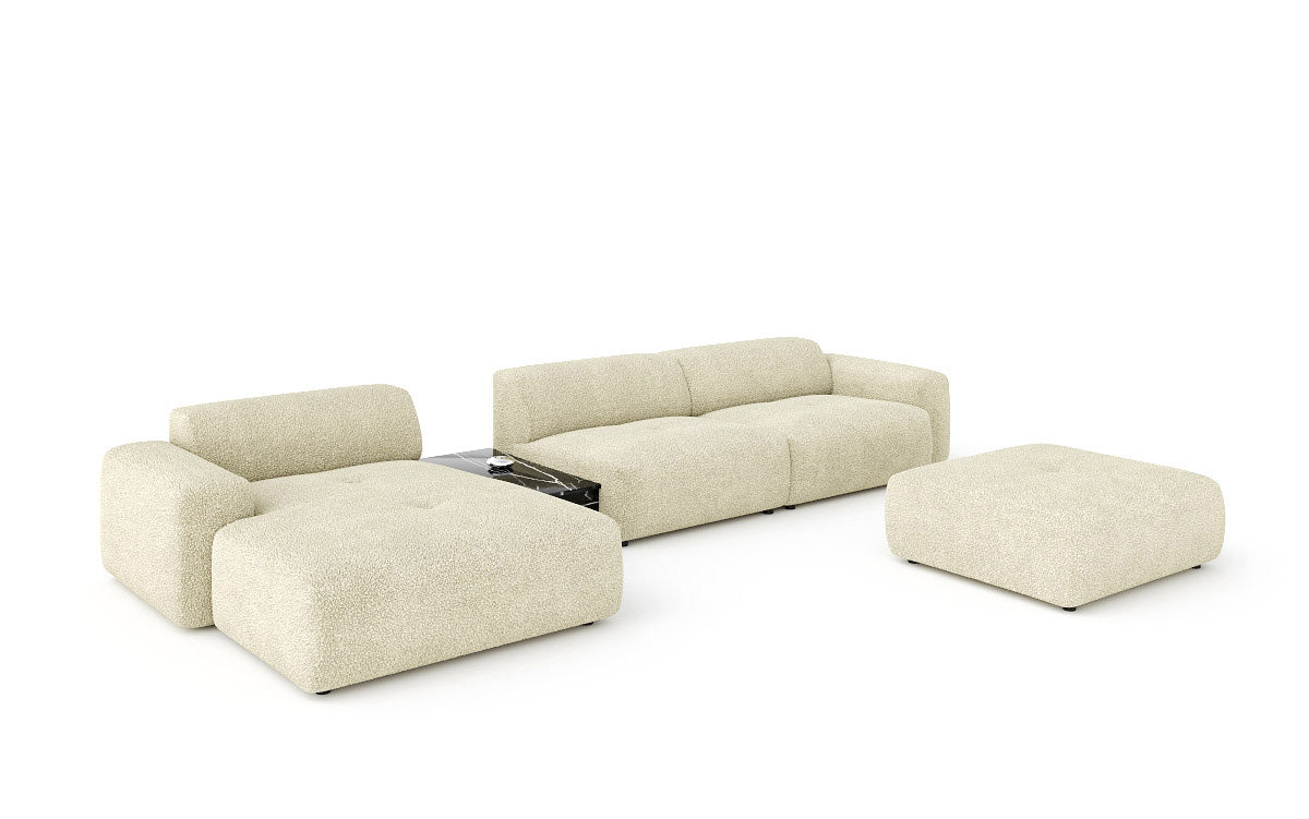 Designer Sofa Calm L mit Beistellhocker und Beistelltisch in Bouclé