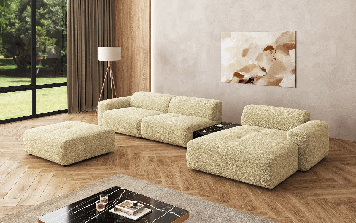 Designer Sofa Calm L mit Beistellhocker und Beistelltisch in Bouclé
