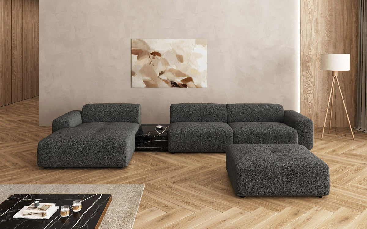 Designer Sofa Calm L mit Beistellhocker und Beistelltisch in Bouclé