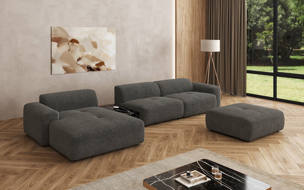 Designer Sofa Calm L mit Beistellhocker und Beistelltisch in Bouclé