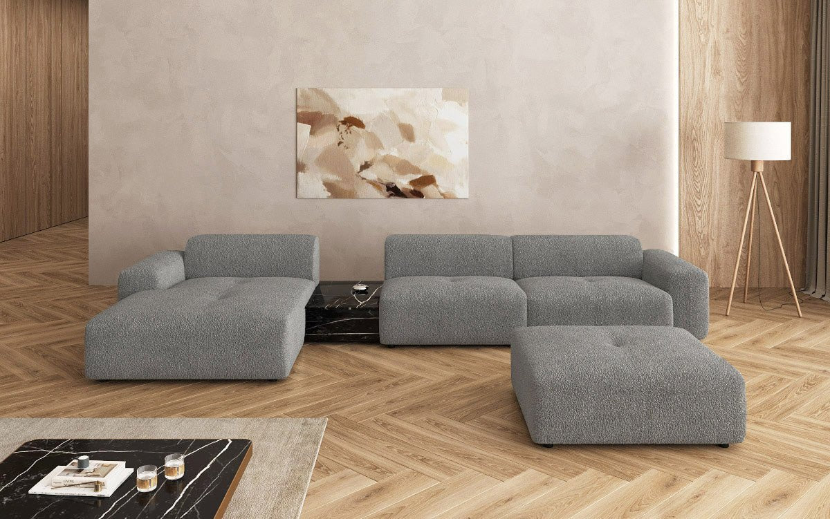 Designer Sofa Calm L mit Beistellhocker und Beistelltisch in Bouclé