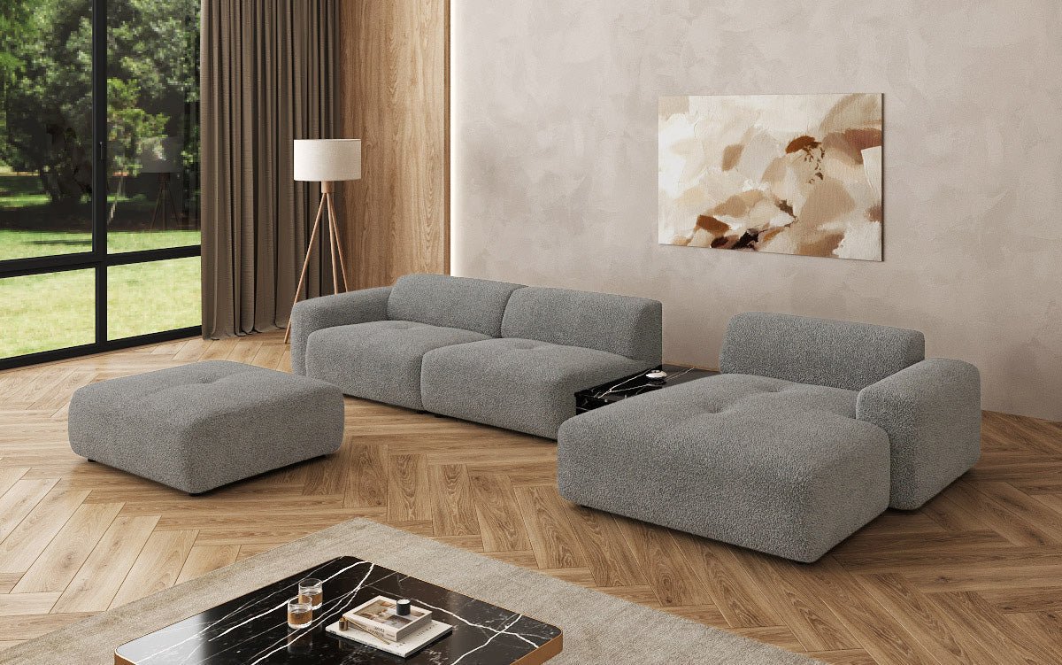 Designer Sofa Calm L mit Beistellhocker und Beistelltisch in Bouclé
