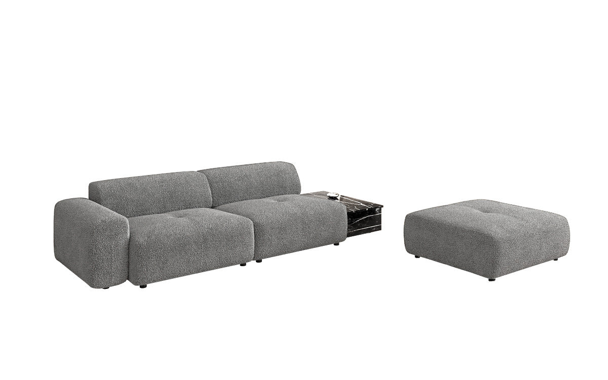 Designer Sofa Calm 3 Sitzer mit Beistellhocker und Beistelltisch in Bouclé