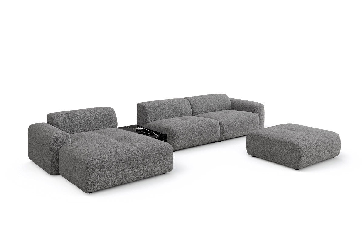 Designer Sofa Calm L mit Beistellhocker und Beistelltisch in Bouclé