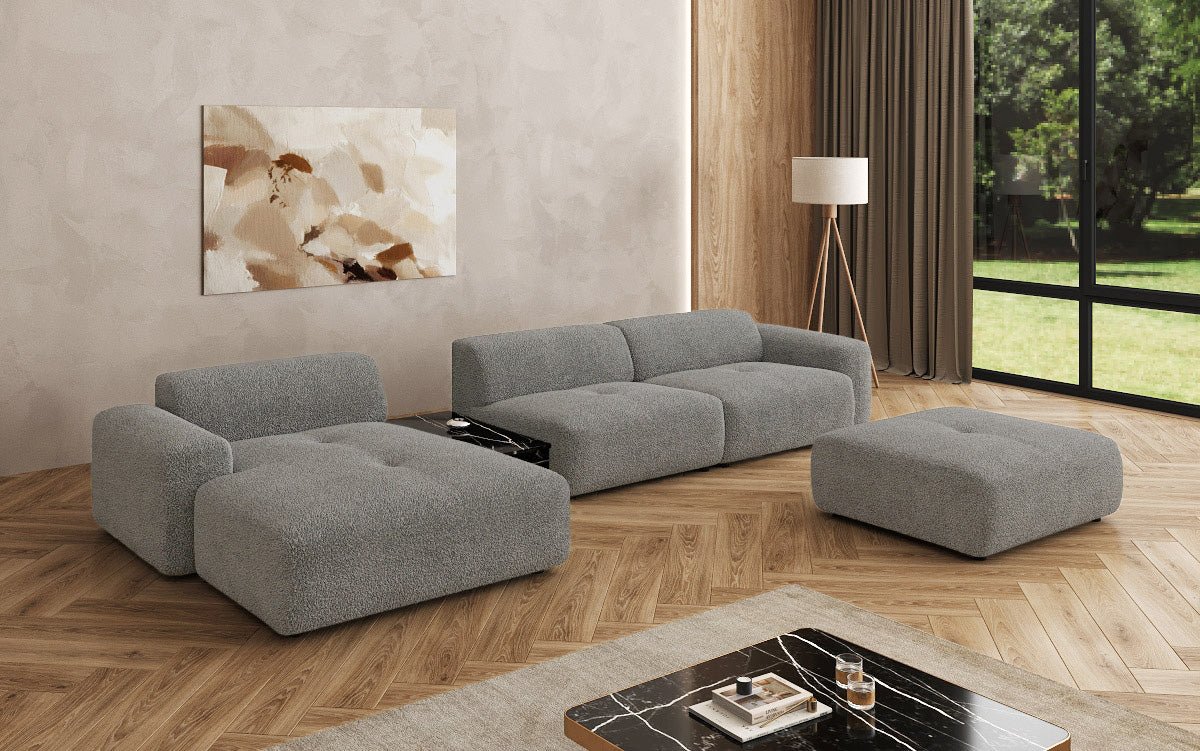 Designer Sofa Calm L mit Beistellhocker und Beistelltisch in Bouclé