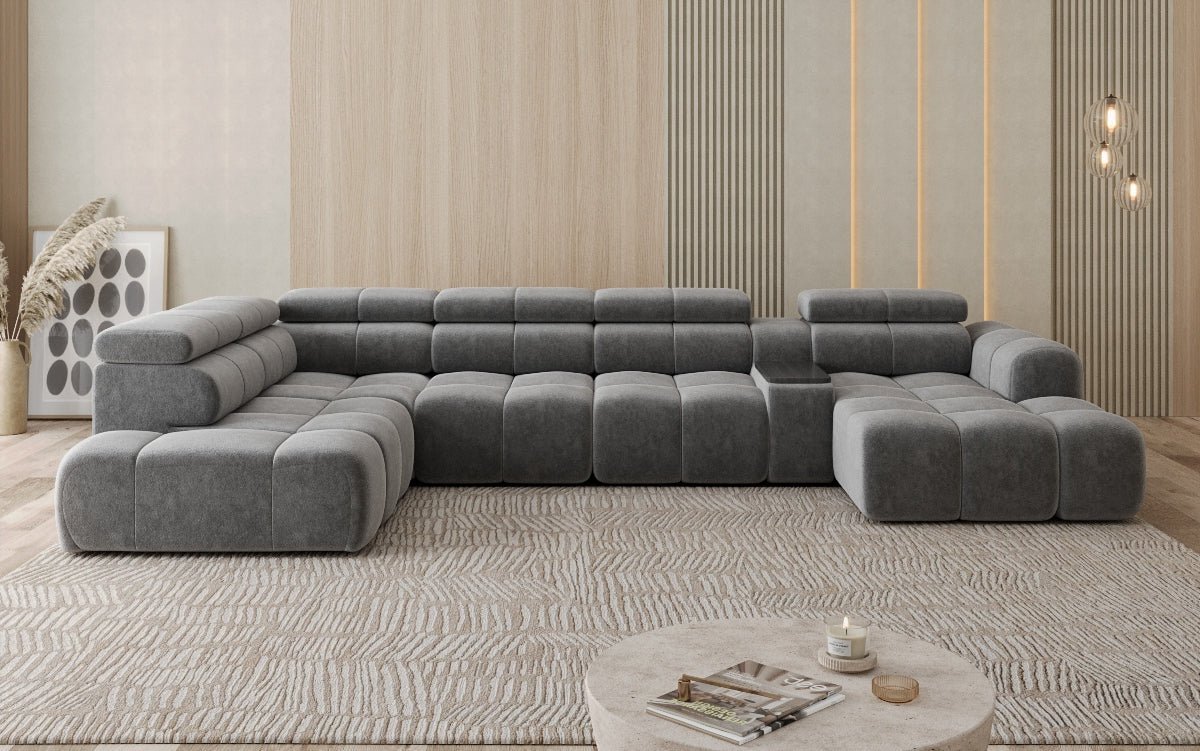 Designer Sofa Wohnlandschaft Mia mit elektrischer Sitzerweiterung in Chenille