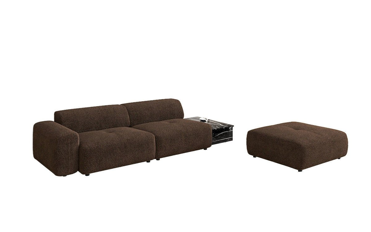 Designer Sofa Calm 3 Sitzer mit Beistellhocker und Beistelltisch in Bouclé