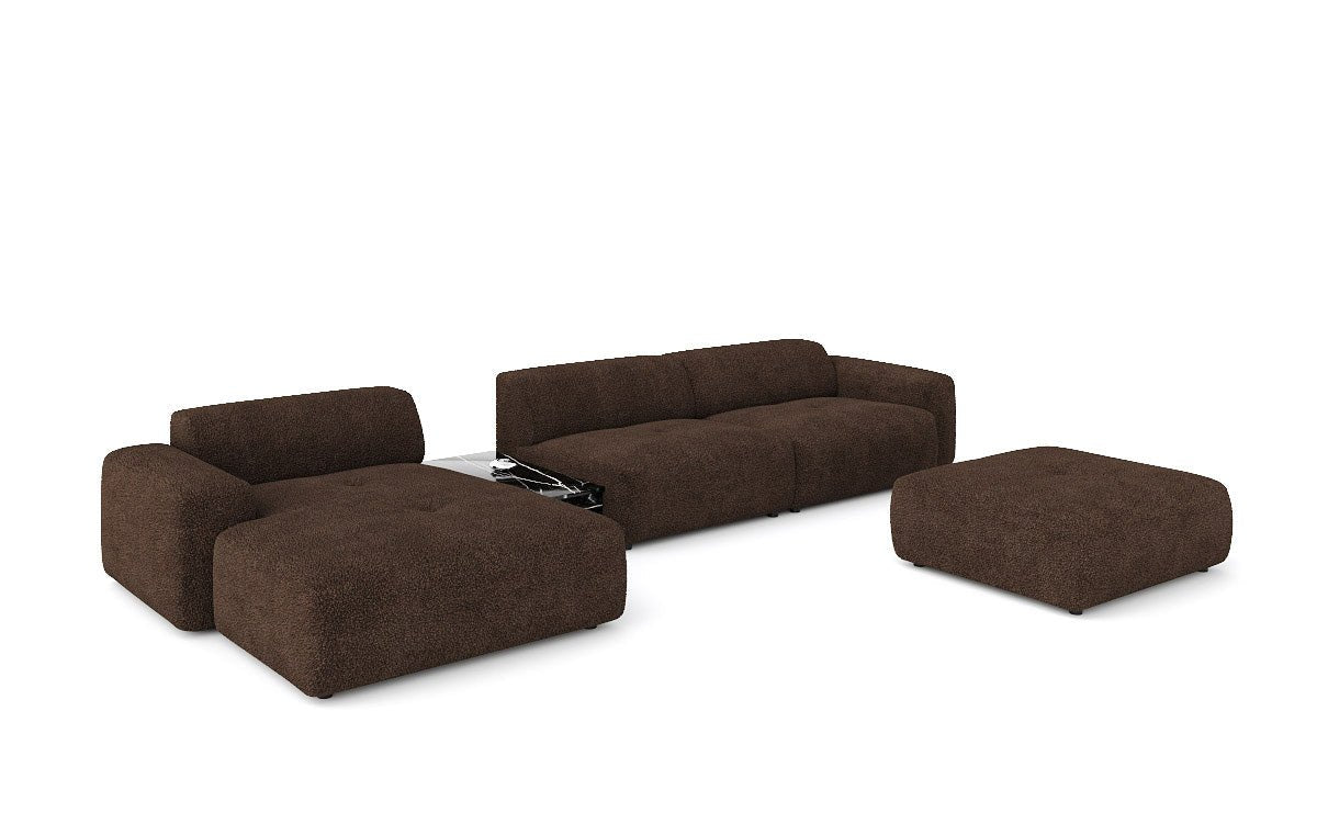 Designer Sofa Calm L mit Beistellhocker und Beistelltisch in Bouclé