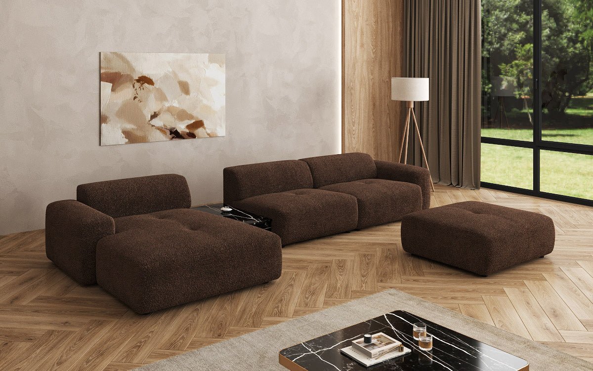 Designer Sofa Calm L mit Beistellhocker und Beistelltisch in Bouclé
