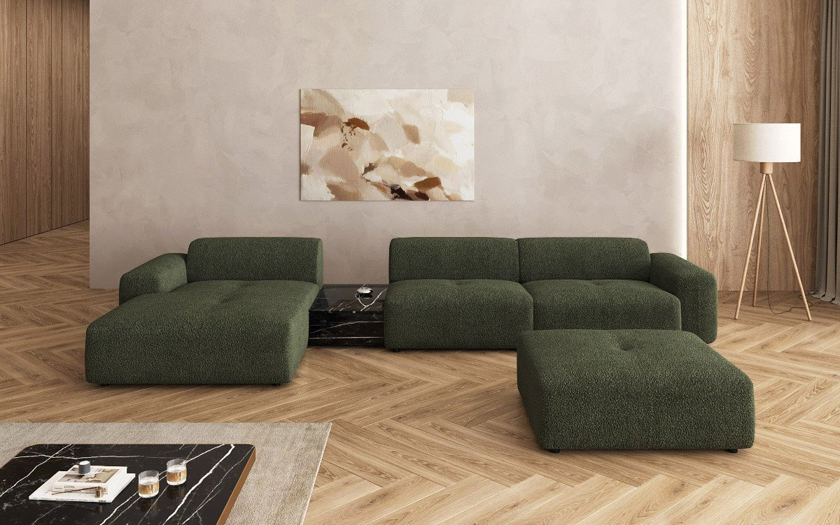 Designer Sofa Calm L mit Beistellhocker und Beistelltisch in Bouclé