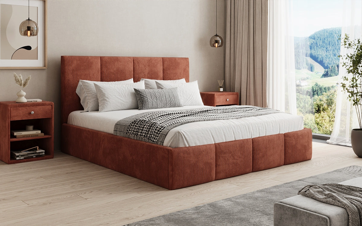 Designer Polsterbett Mina in Cord mit Stauraum