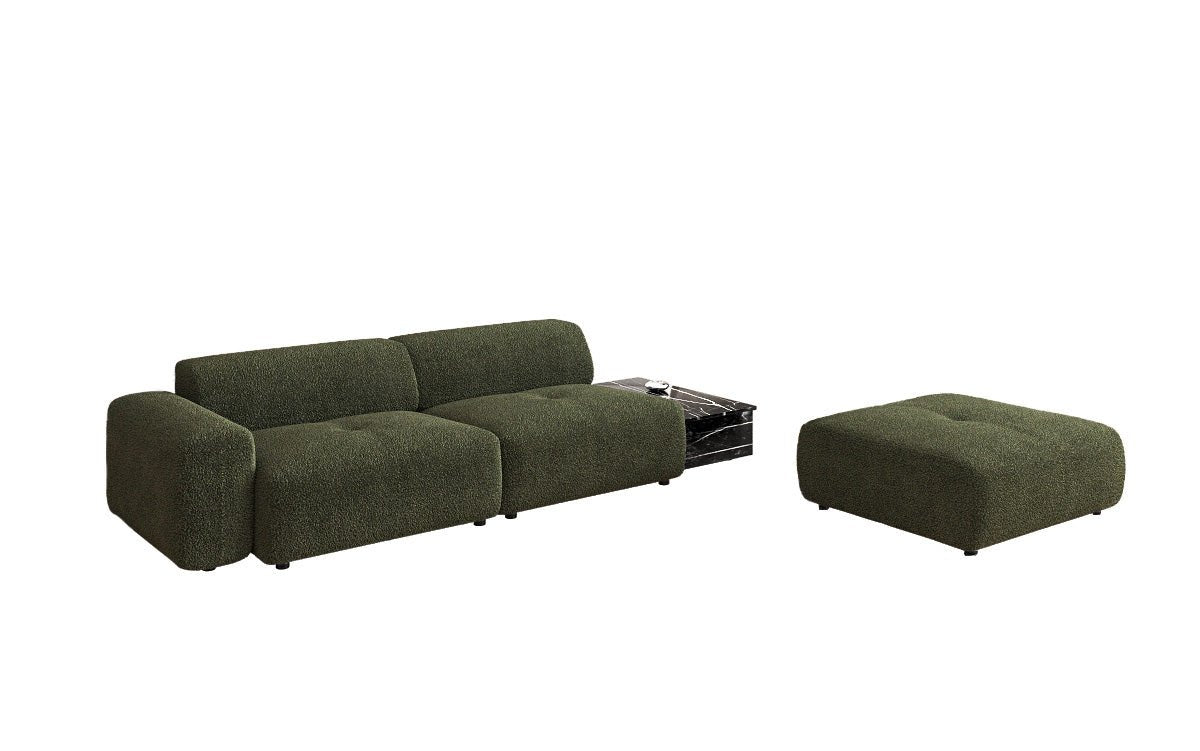 Designer Sofa Calm 3 Sitzer mit Beistellhocker und Beistelltisch in Bouclé