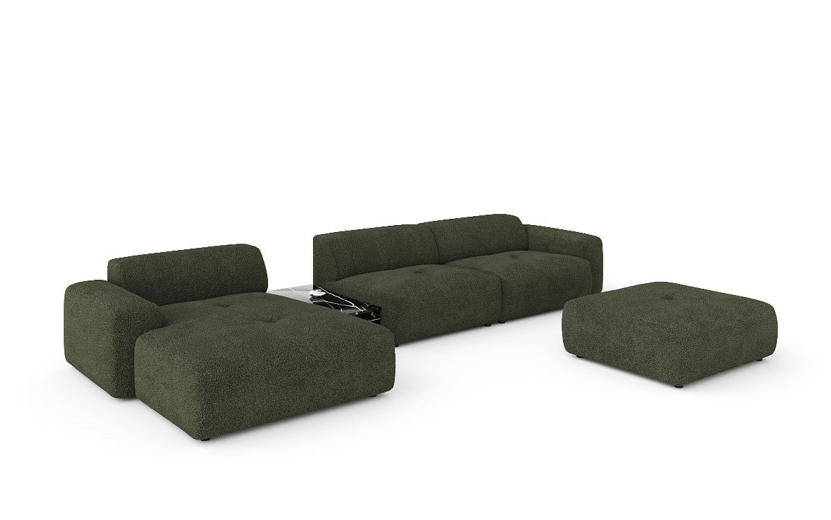 Designer Sofa Calm L mit Beistellhocker und Beistelltisch in Bouclé