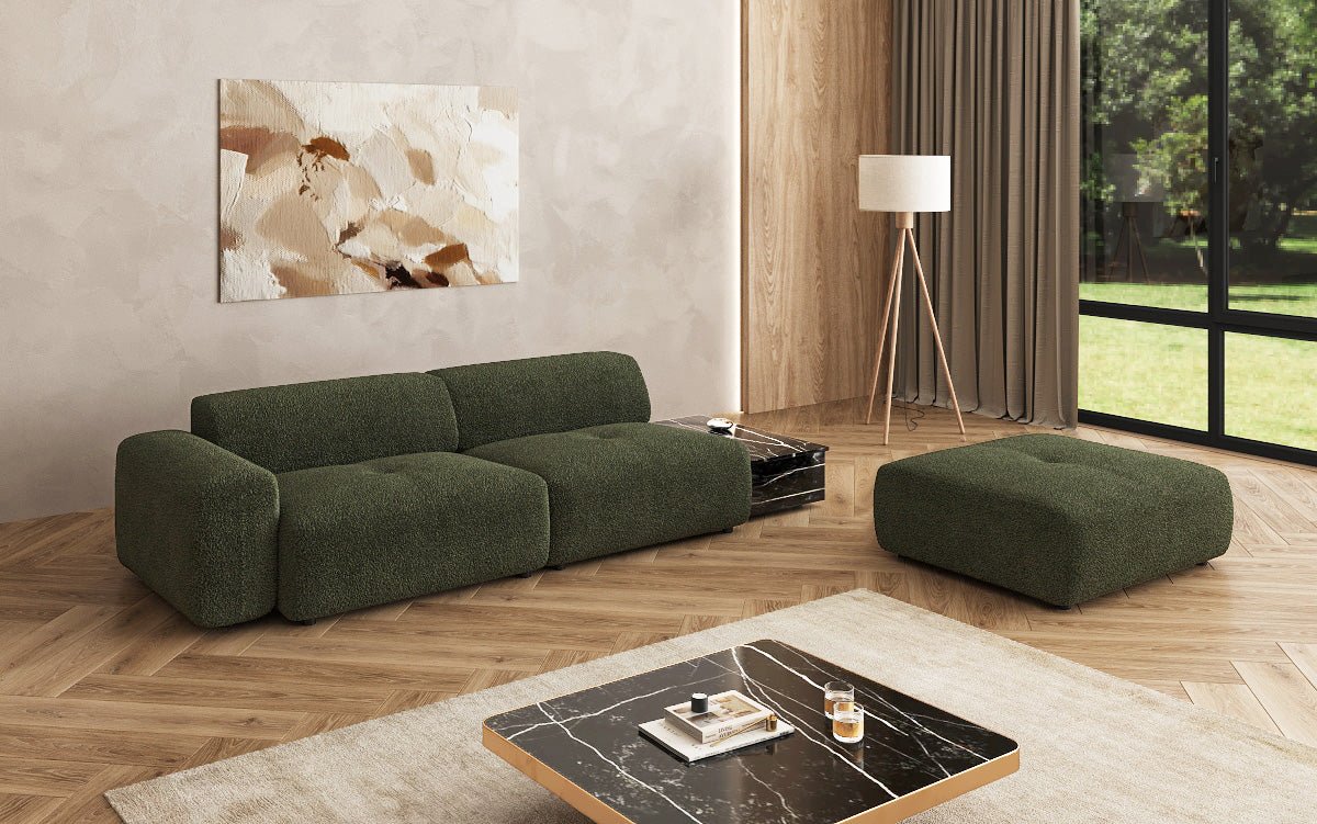 Designer Sofa Calm 3 Sitzer mit Beistellhocker und Beistelltisch in Bouclé