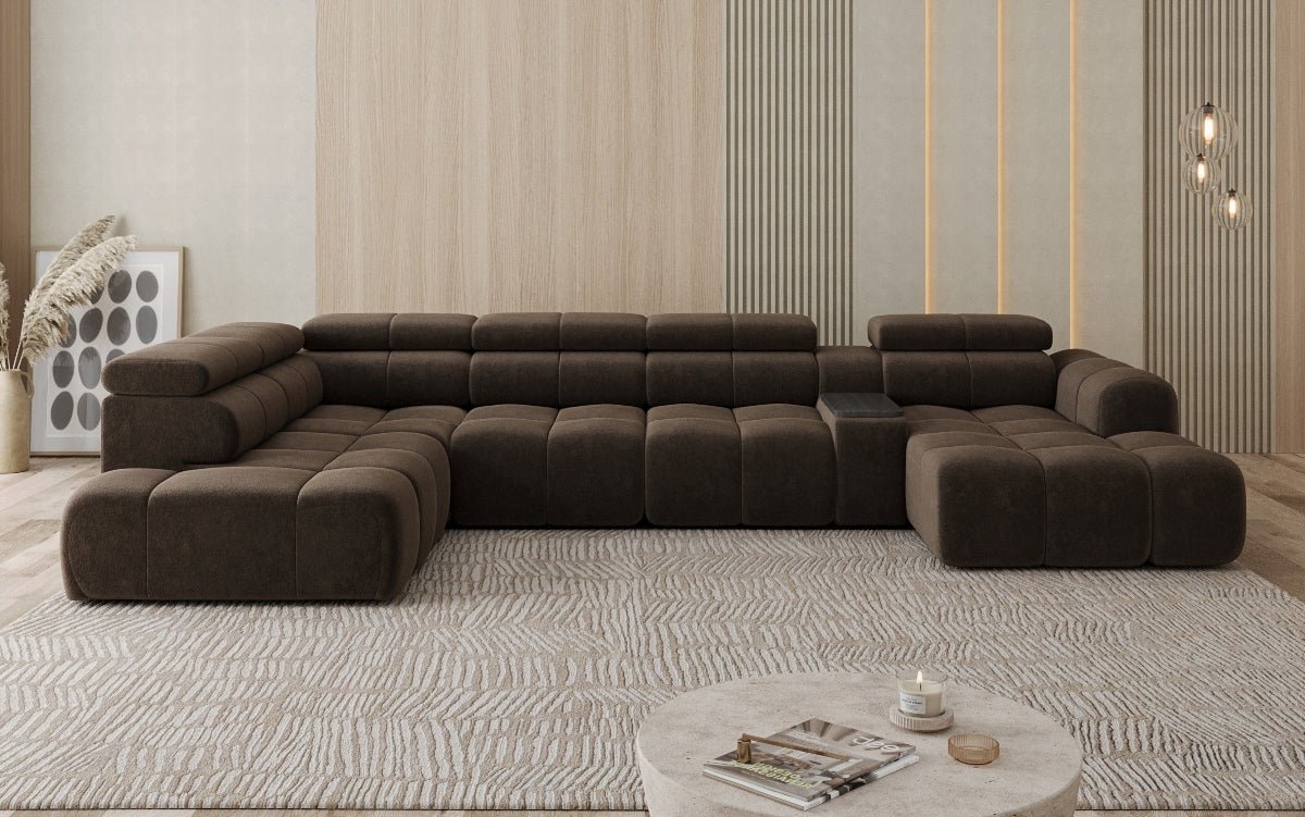 Designer Sofa Wohnlandschaft Mia mit elektrischer Sitzerweiterung in Chenille
