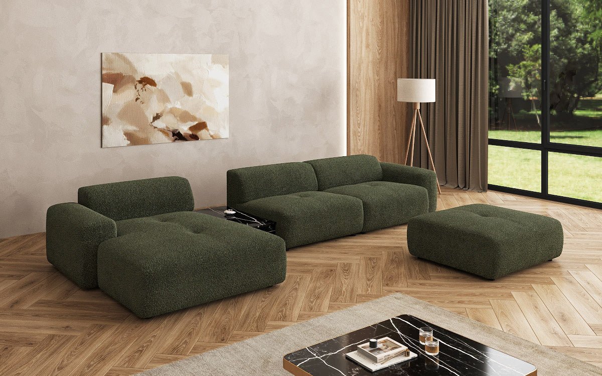 Designer Sofa Calm L mit Beistellhocker und Beistelltisch in Bouclé