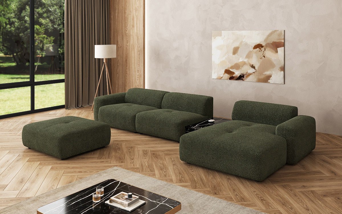 Designer Sofa Calm L mit Beistellhocker und Beistelltisch in Bouclé