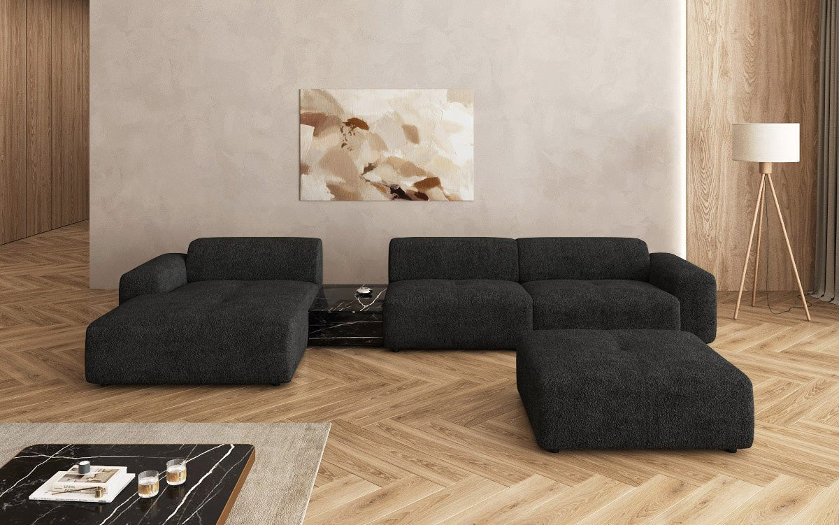 Designer Sofa Calm L mit Beistellhocker und Beistelltisch in Bouclé