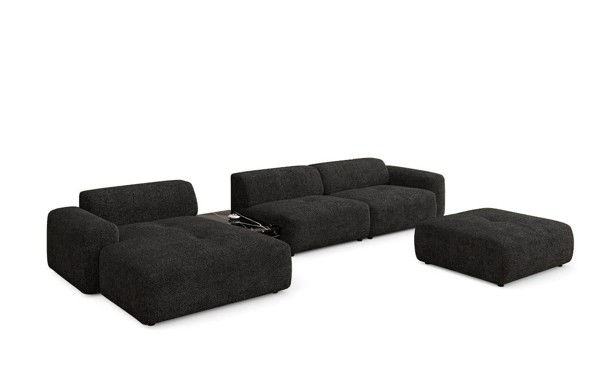 Designer Sofa Calm L mit Beistellhocker und Beistelltisch in Bouclé
