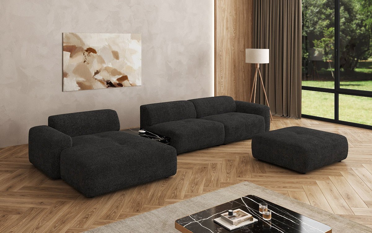 Designer Sofa Calm L mit Beistellhocker und Beistelltisch in Bouclé