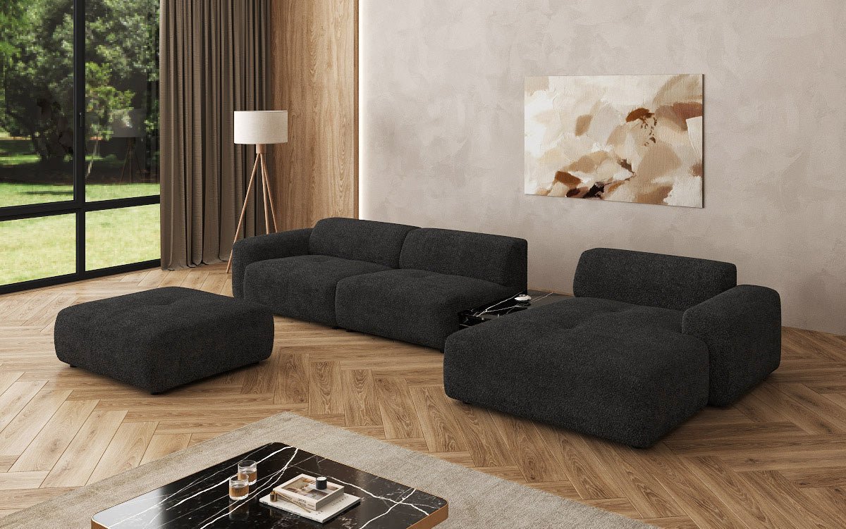 Designer Sofa Calm L mit Beistellhocker und Beistelltisch in Bouclé