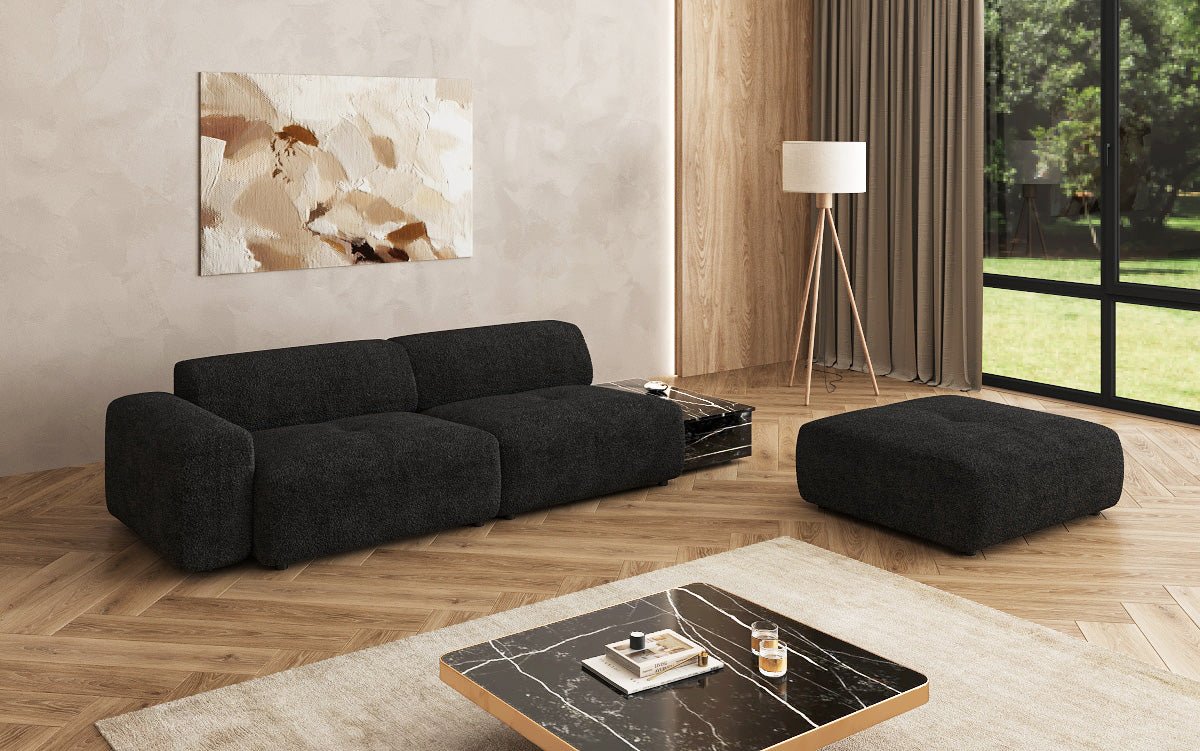Designer Sofa Calm 3 Sitzer mit Beistellhocker und Beistelltisch in Bouclé