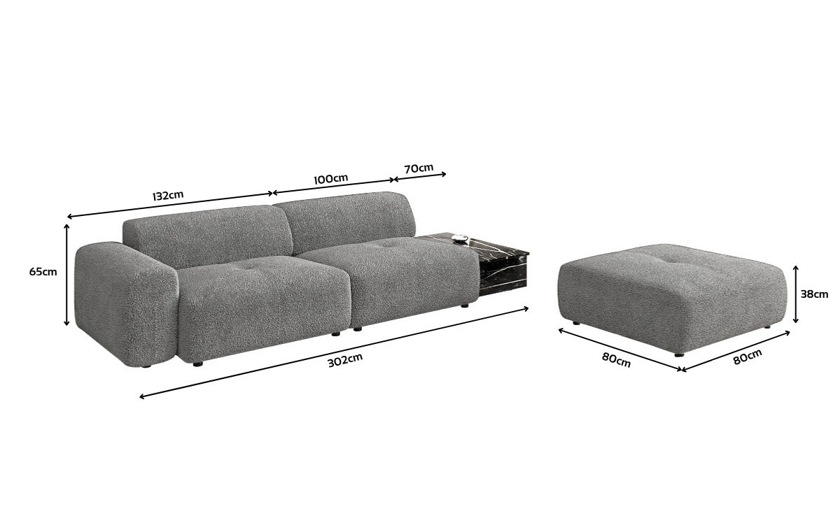 Designer Sofa Calm 3 Sitzer mit Beistellhocker und Beistelltisch in Bouclé
