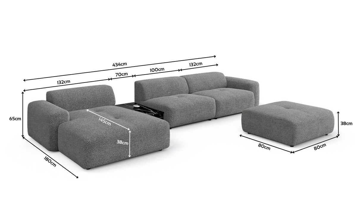 Designer Sofa Calm L mit Beistellhocker und Beistelltisch in Bouclé