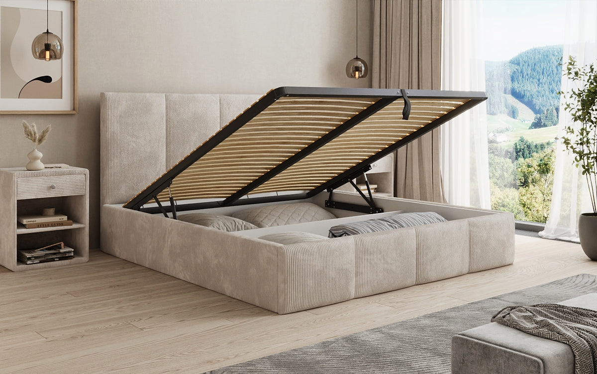 Designer Polsterbett Mina in Cord mit Stauraum