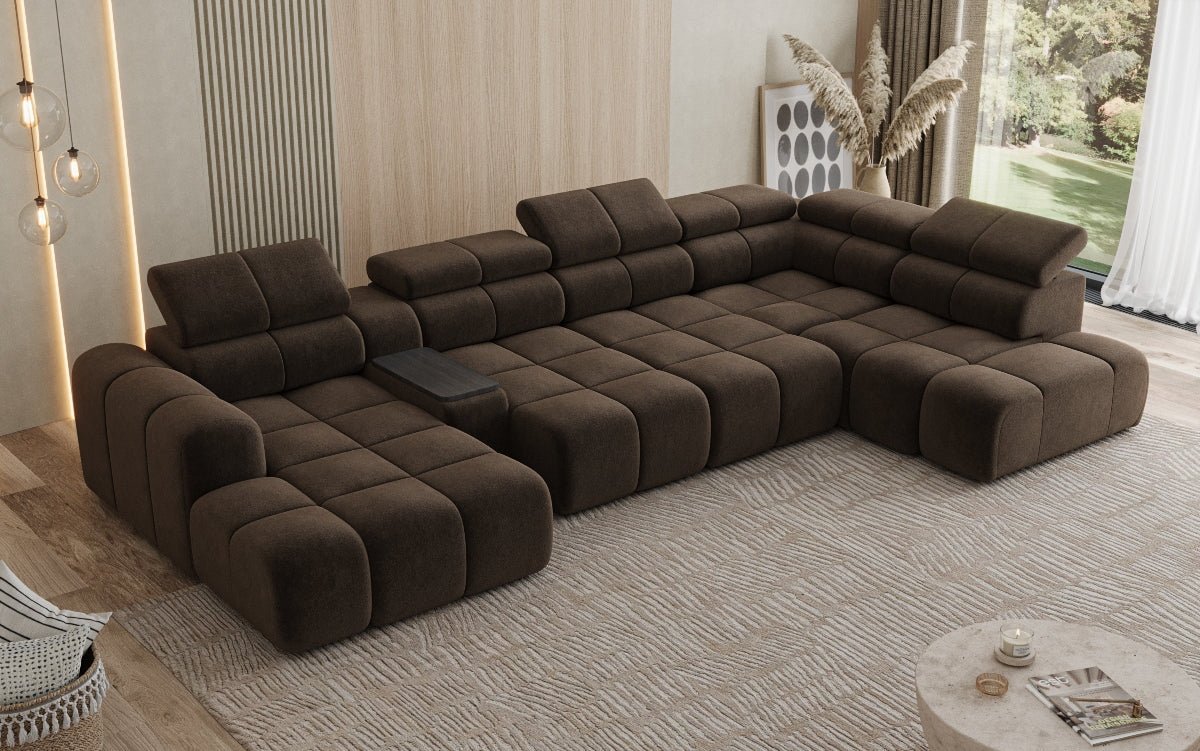Designer Sofa Wohnlandschaft Mia mit elektrischer Sitzerweiterung in Chenille