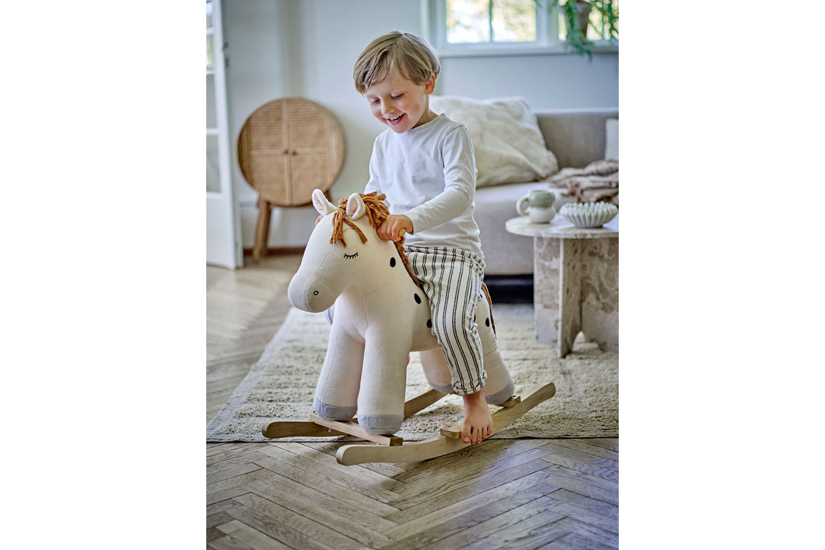 Kinder Schaukelpferd Klaudi - weißes Pferd mit schwarzen Punkten aus Holz & Stoff