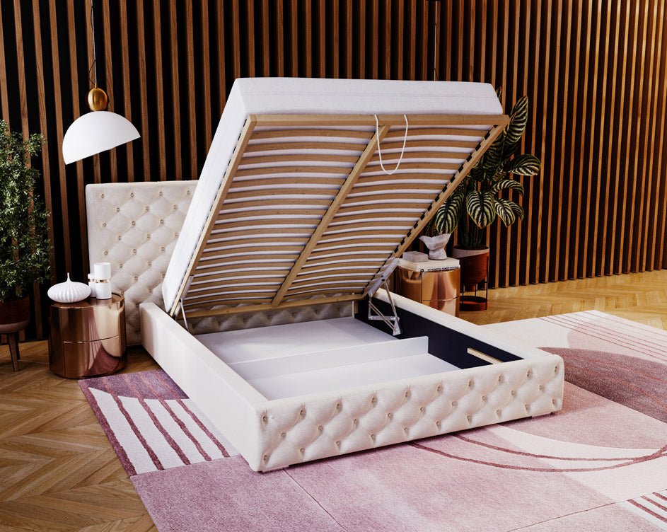 Designer upholstered bed Stellar in velvet with storage