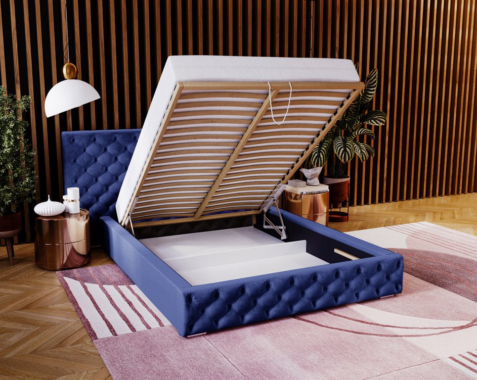 Designer upholstered bed Stellar in velvet with storage