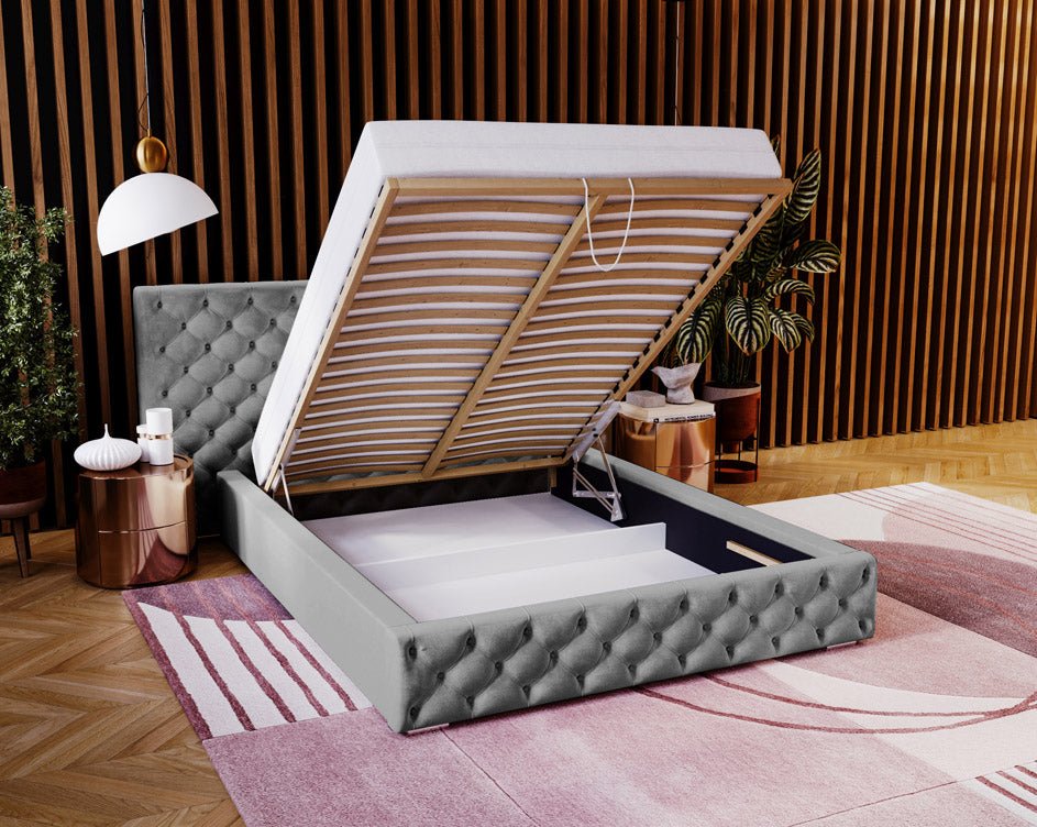 Designer upholstered bed Stellar in velvet with storage