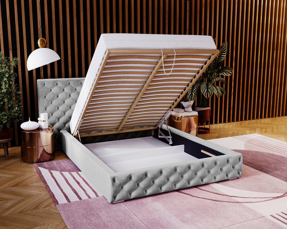 Designer upholstered bed Stellar in velvet with storage
