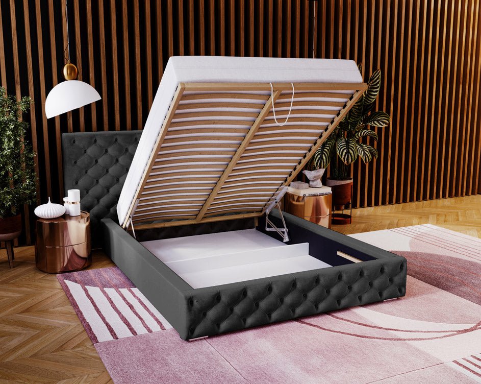Designer upholstered bed Stellar in velvet with storage