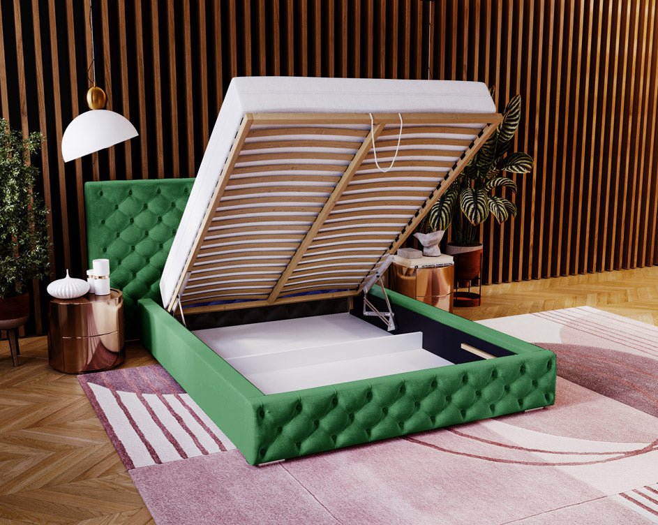 Designer upholstered bed Stellar in velvet with storage