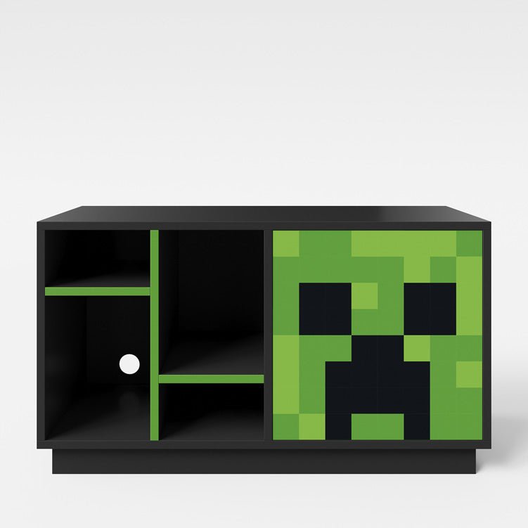 Minecraft TV-Lowboard „CreeperCube“ – mit Push-Open Tür & offenen Fächern