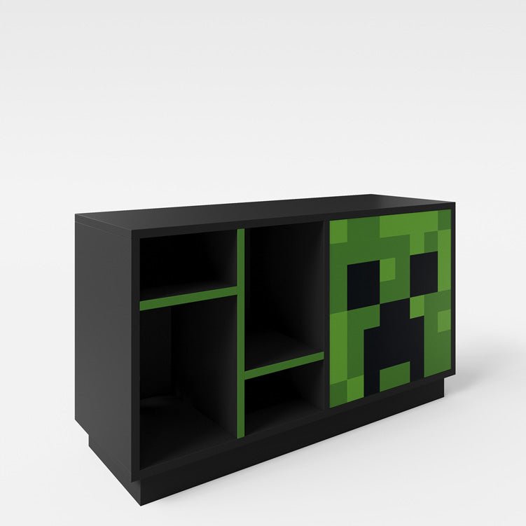 Minecraft TV-Lowboard „CreeperCube“ – mit Push-Open Tür & offenen Fächern