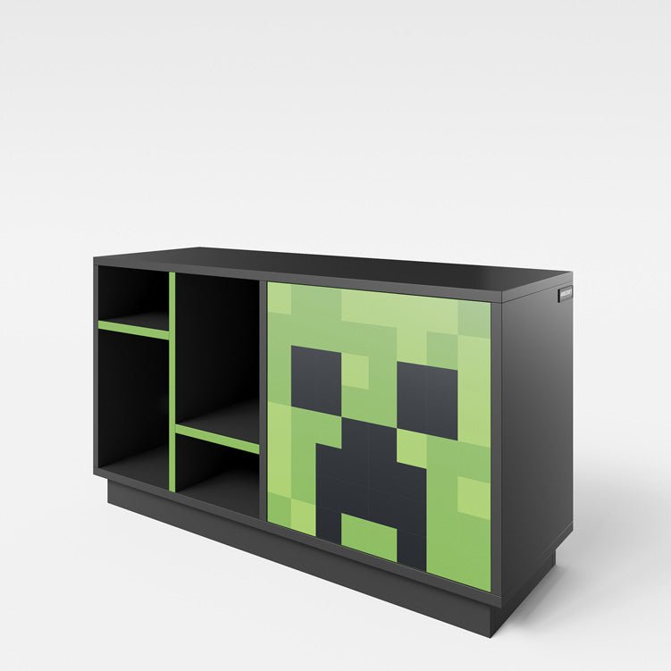 Minecraft TV-Lowboard „CreeperCube“ – mit Push-Open Tür & offenen Fächern