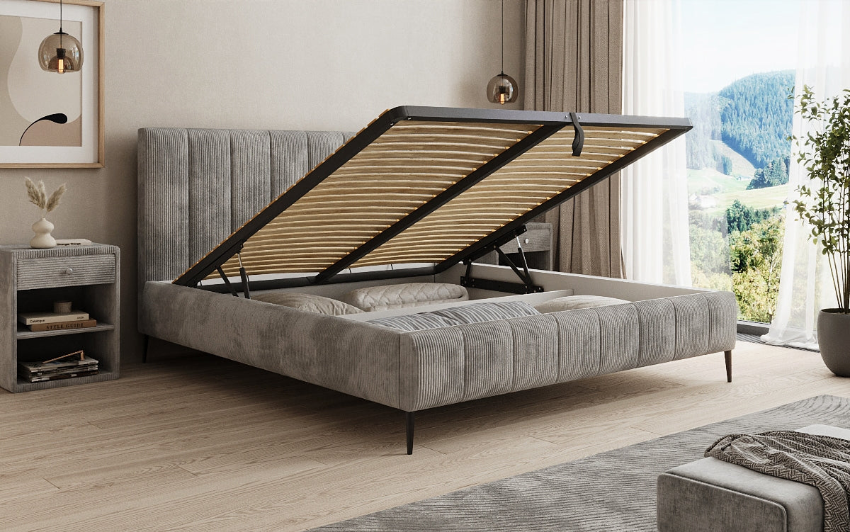 Designer Polsterbett Astrid in Cord mit Stauraum