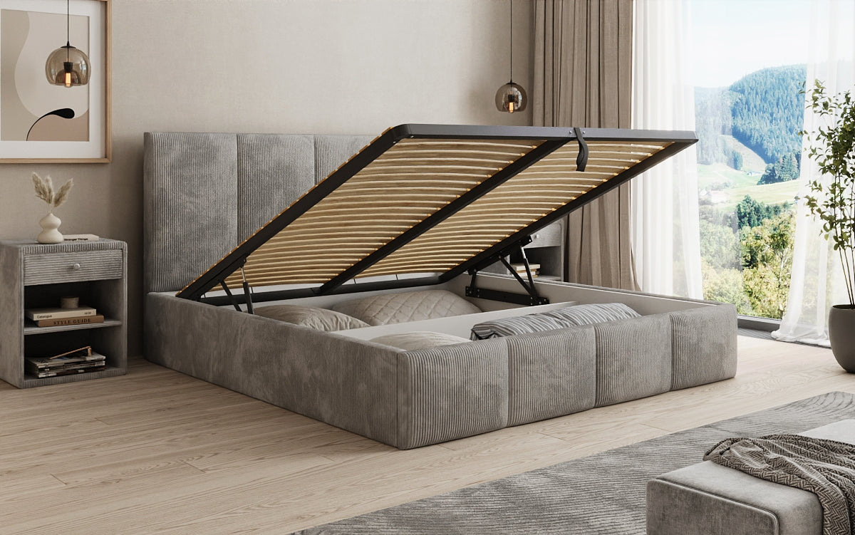 Designer Polsterbett Mina in Cord mit Stauraum