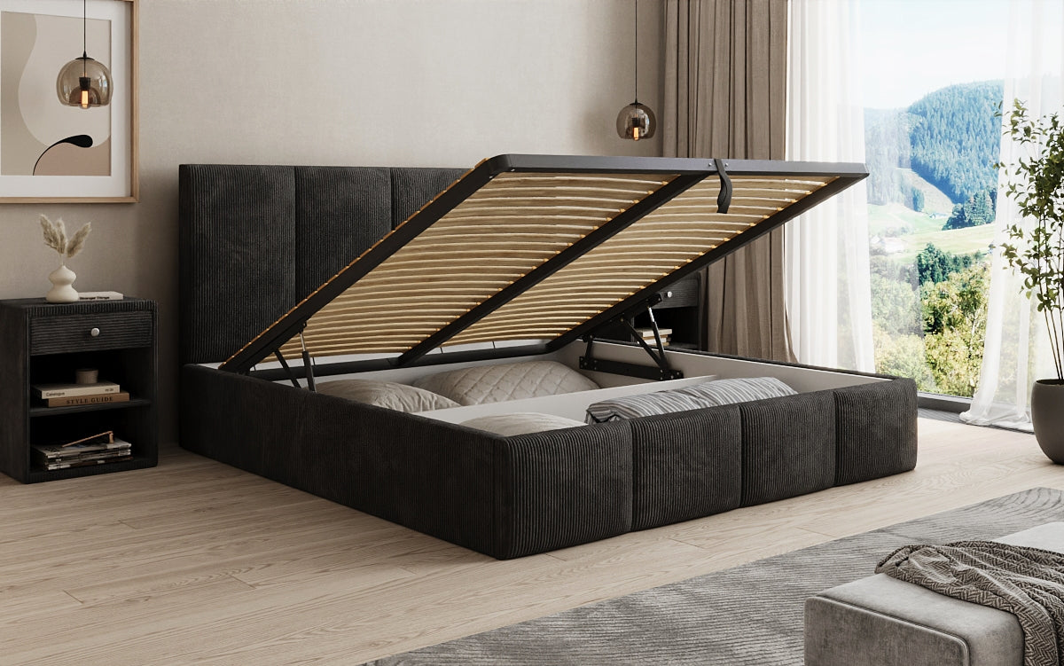 Designer Polsterbett Mina in Cord mit Stauraum