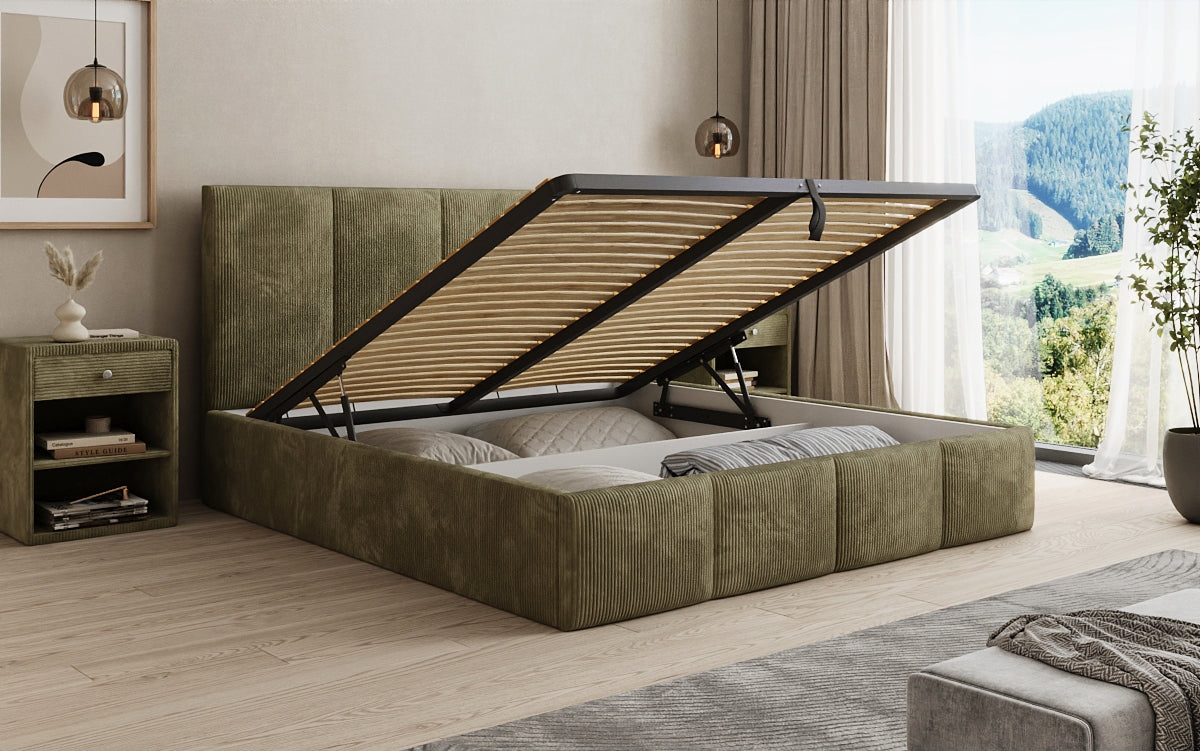 Designer Polsterbett Mina in Cord mit Stauraum